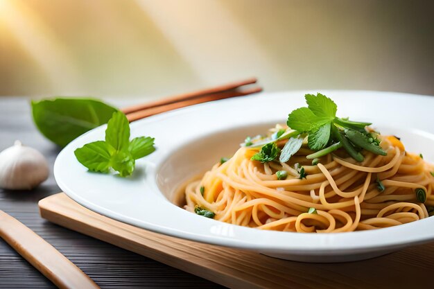 Une assiette de spaghettis avec des feuilles de basilic sur le côté