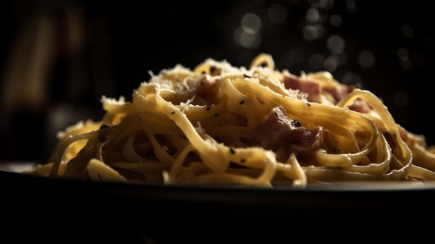 Une assiette de spaghettis avec un fond noir