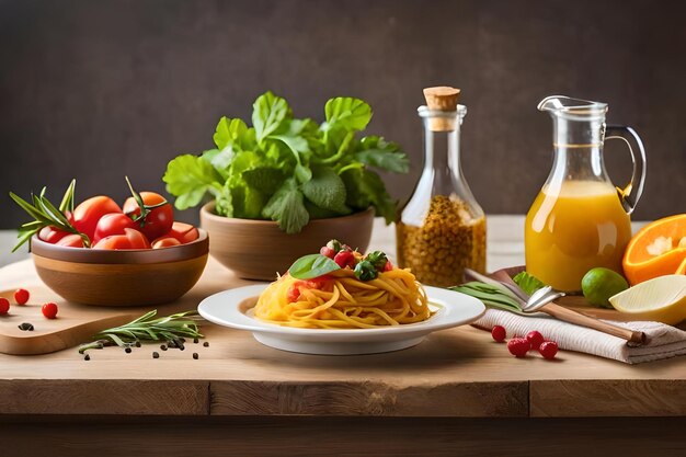 Une assiette de spaghettis et de légumes avec une bouteille d'huile d'olive