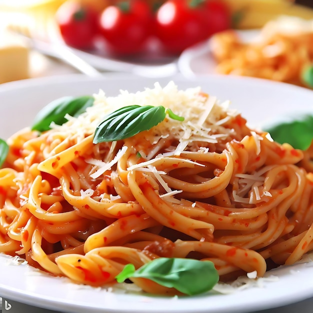 Une assiette de spaghettis avec un morceau de basilic dessus.