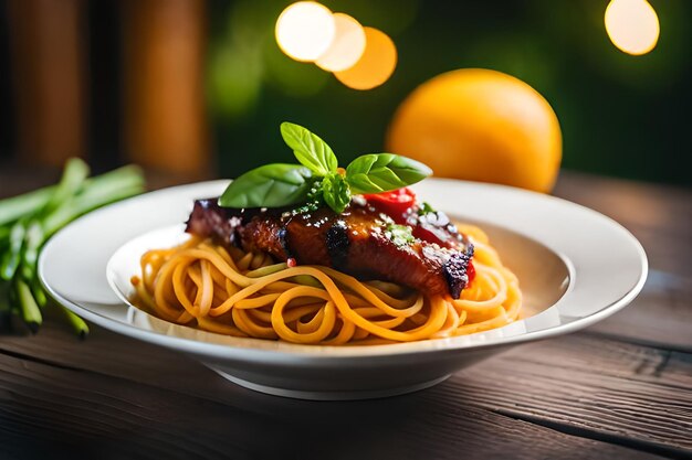 une assiette de spaghettis avec un morceau de viande dessus