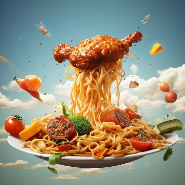 Photo une assiette de spaghettis et de nouilles avec une assiette de poulet et de légumes.