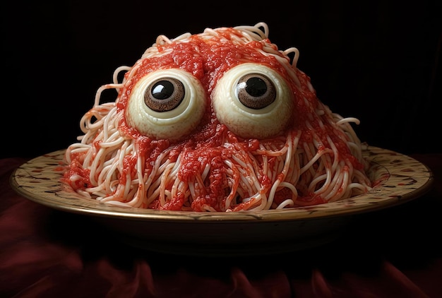 une assiette de spaghettis avec un oeil dedans dans le style d'halloween