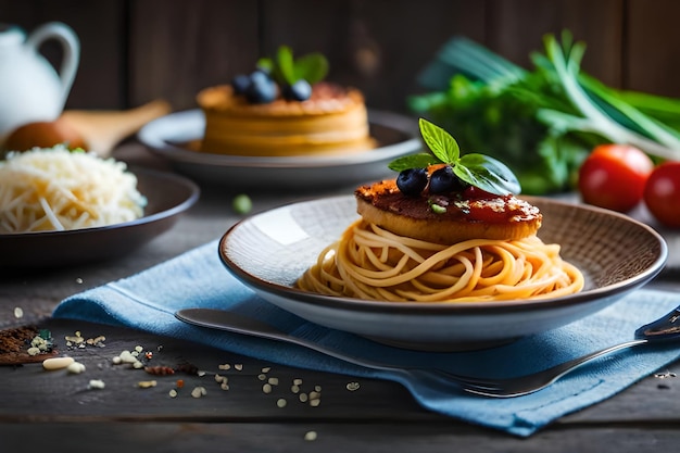 Une assiette de spaghettis avec des olives et une assiette de pâtes.