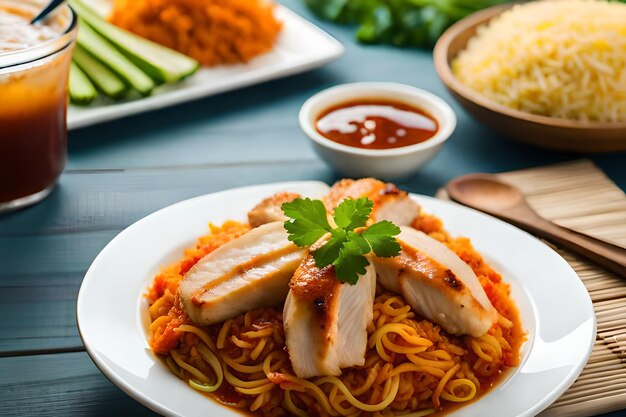 Une assiette de spaghettis avec une poitrine de poulet et sa sauce.