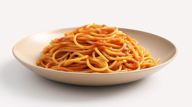 une assiette de spaghettis avec de la sauce sur elle est assise sur une table