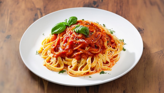 Une assiette de spaghettis avec sauce et feuilles de basilic