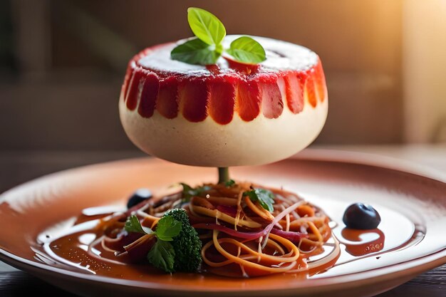 une assiette de spaghettis avec une sauce rouge et des bleuets dessus