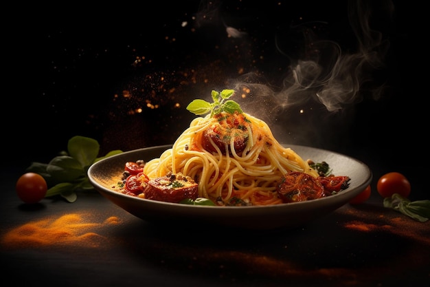 Une assiette de spaghettis avec une sauce tomate dessus