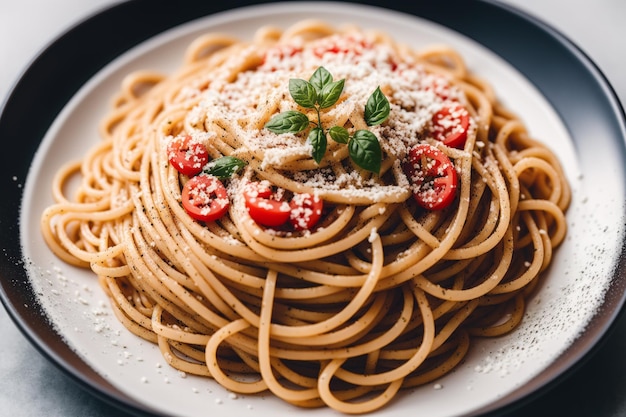 Une assiette de spaghettis avec une sauce tomate dessus