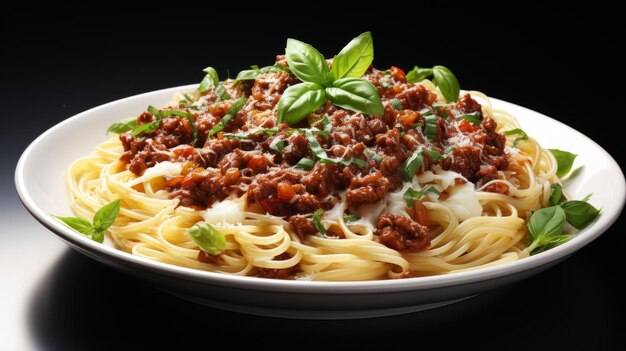 Une assiette de spaghettis avec de la sauce tomate et du basilic