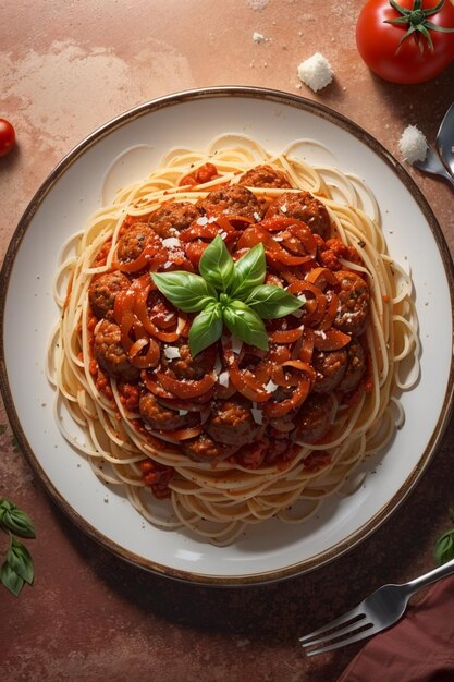 Photo une assiette de spaghettis avec de la sauce tomate et du basilic.