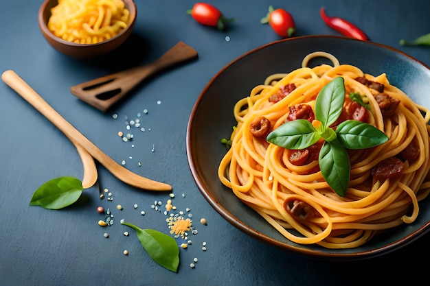 Une assiette de spaghettis avec une sauce tomate et des feuilles de basilic sur fond sombre.