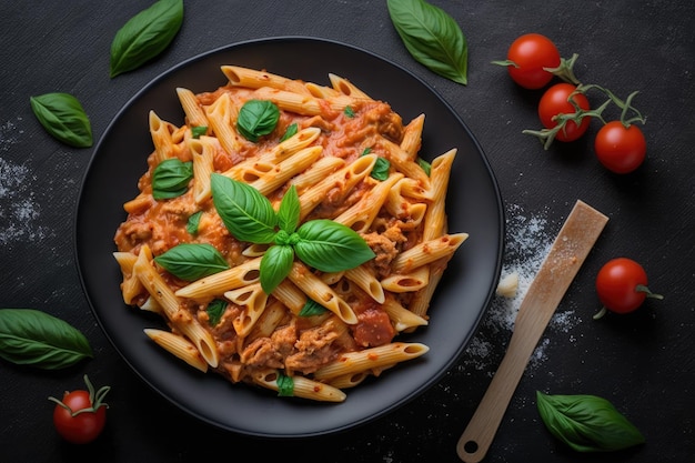 Assiette de spaghettis à la sauce tomate fraîche et feuilles de basilic Generative AI