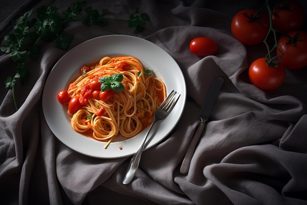 Une assiette de spaghettis avec sauce tomate et persil sur le dessus.