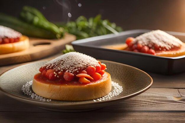 Une assiette de spaghettis et de sauce tomate avec une poêle de parmesan sur le dessus.