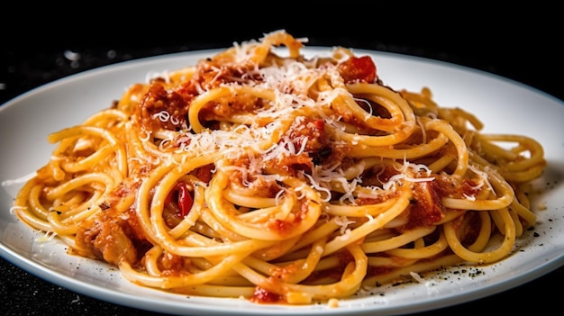 Une assiette de spaghettis avec sauce à la viande et fromage.