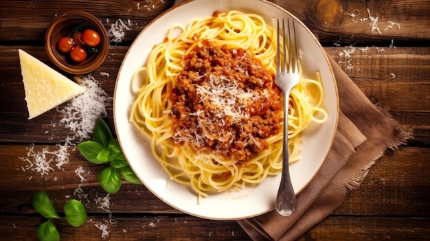 Assiette de spaghettis sauce à la viande et parmesan