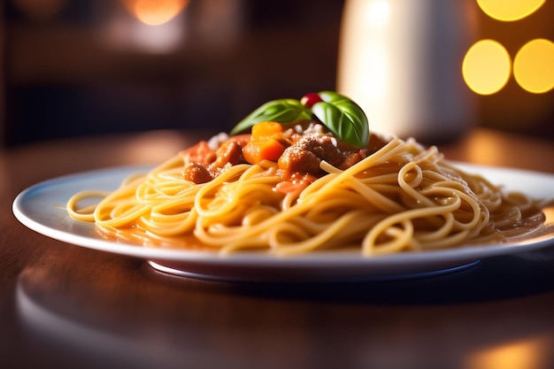 Une assiette de spaghettis avec sauce à la viande et sauce tomate.