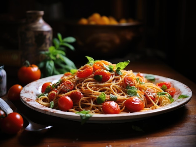 une assiette de spaghettis avec des tomates cerises et du basilic