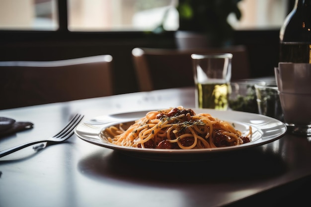 Une assiette de spaghettis avec un verre de bière sur la table.