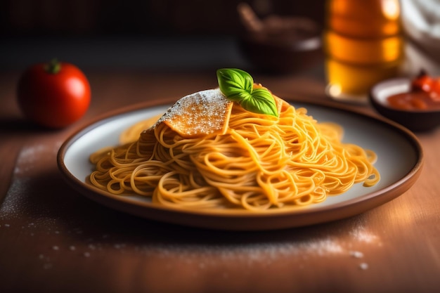 Une assiette de spaghettis avec un verre de bière et une tomate sur le côté.