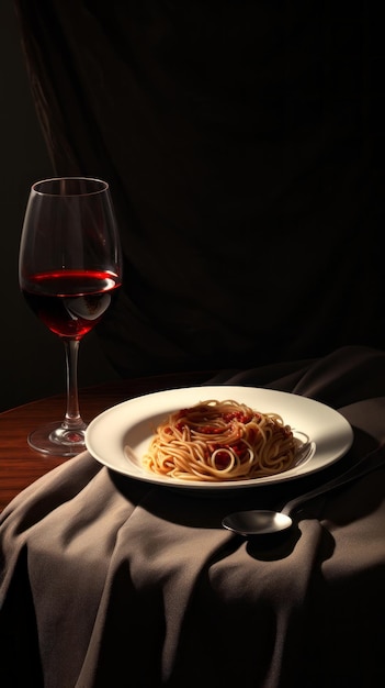 Une assiette de spaghettis et un verre de vin rouge