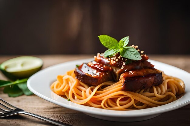 Une assiette de spaghettis avec de la viande et des légumes dessus.