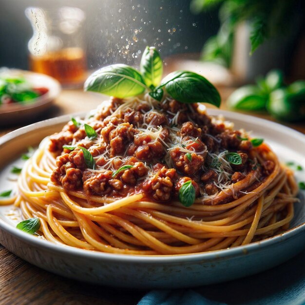 Photo une assiette de spaghettis avec de la viande et des légumes