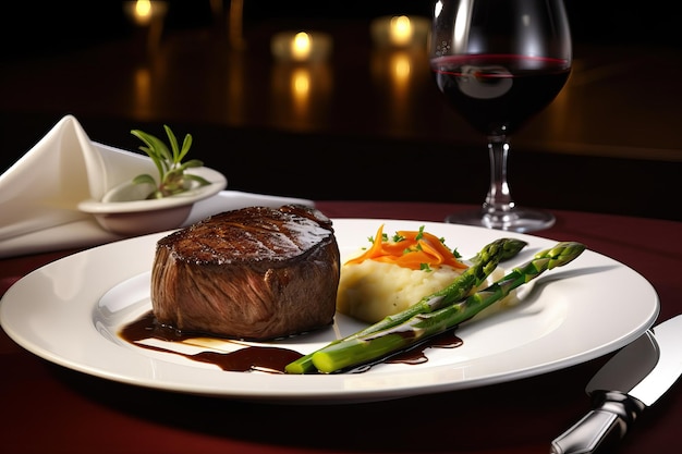 Photo une assiette de steak et d'asperges est posée sur une table rouge avec un verre de vin rouge.