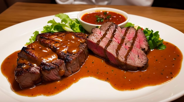 une assiette de steak de bœuf avec de la sauce