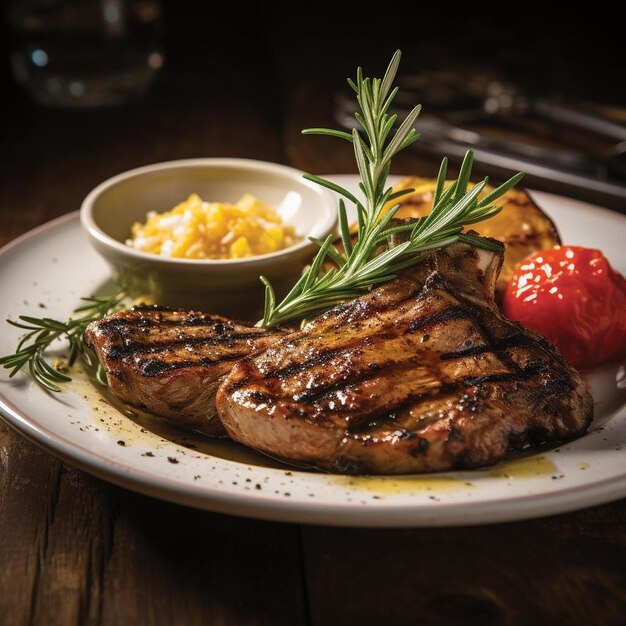 une assiette de steak avec un bol de nourriture dessus