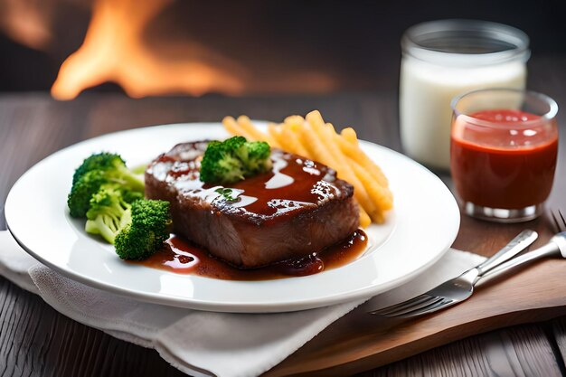 une assiette de steak avec brocoli et frites sur une table.