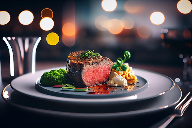 Photo une assiette de steak avec un côté de brocoli et de fromage dessus