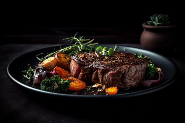 Une assiette de steak avec des légumes et des herbes dessus