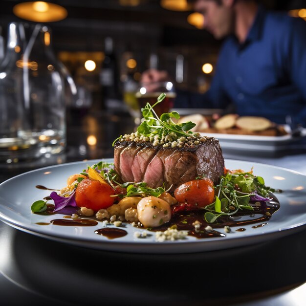 Une assiette de steak avec des légumes et de la viande dessus