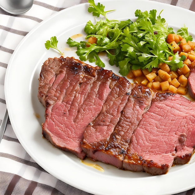 Photo une assiette de steak, une salade et une salade sur une table.
