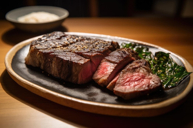 Assiette de steak de wagyu saignant et juteux avec un côté d'ail rôti