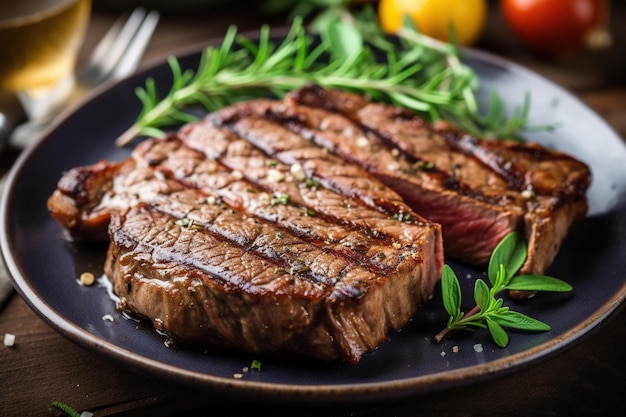 Une assiette de steaks aux herbes dessus