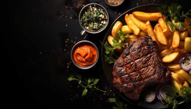 une assiette de steaks et de condiments avec un côté de frites