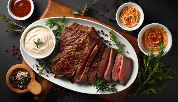 une assiette de steaks avec un côté de trempette et trempette