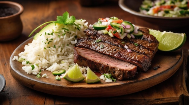 Une assiette de steaks avec du riz et des tranches de concombre.