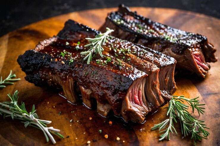 Photo une assiette de steaks avec du romarin dessus