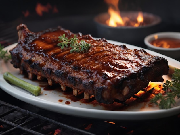 une assiette de steaks avec un feu en arrière-plan.