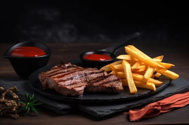 Une assiette de steaks avec des frites sur un tableau noir.