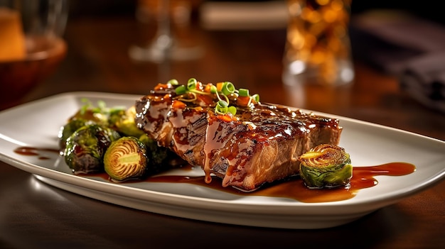 une assiette de steaks avec des légumes et un verre de bière