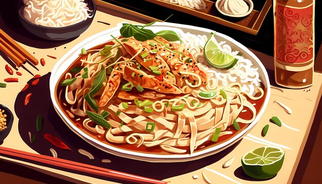 Une assiette sucrée et acidulée de pad thai art numérique illustration IA générative