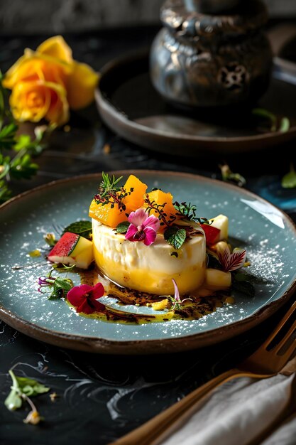 une assiette surmontée d'un dessert recouvert de fruits