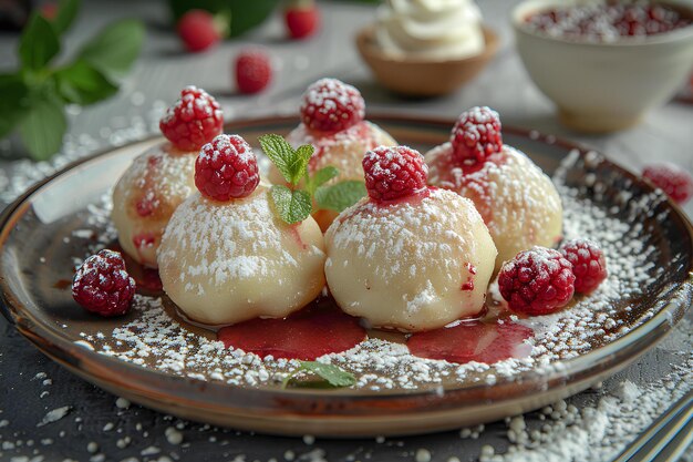 Photo une assiette surmontée de framboises et de sucre en poudre