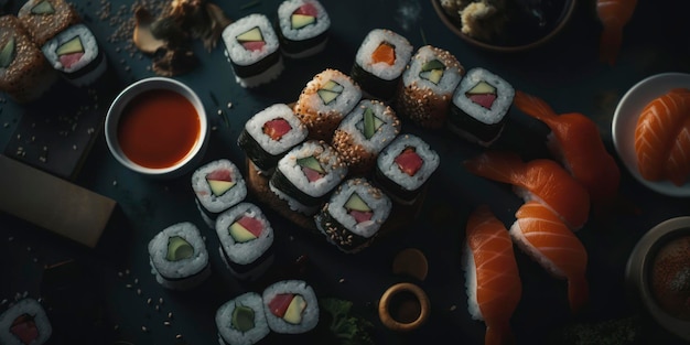 Une assiette de sushi avec une assiette de sushi dessus